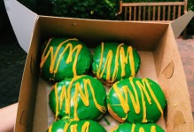 Green and Gold donuts from Emily's Donuts