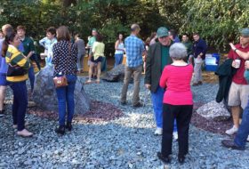 William & Mary geologists take in the new rock garden in the Crim Dell Meadow at Homecoming 2017.