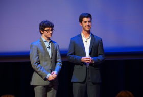 Alexander Nocks '19 and Adam Kearney '20 respond to questions at the Global Research Shark Tank competition