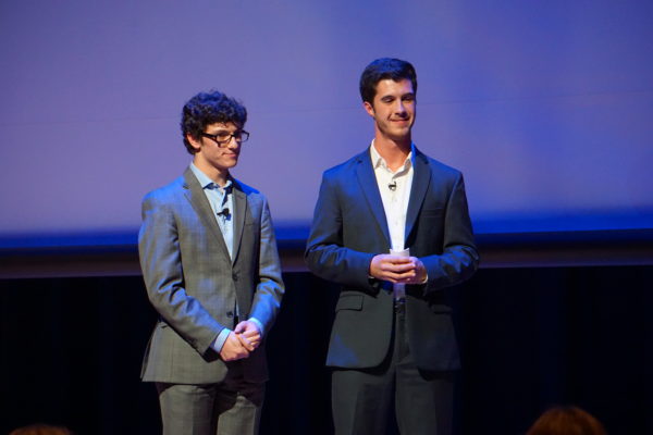 Alexander Nocks '19 and Adam Kearney '20 respond to questions at the Global Research Shark Tank competition