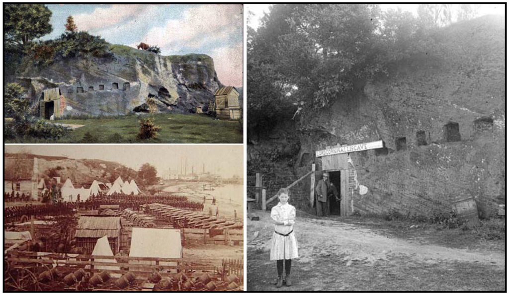 Top Left - An ‘old school’ postcard of Cornwallis Cave from the early 20th Century. Right - Lord Cornwallis Cave in 1915, note the inclined strata evident on the cliff face. Bottom Left - A Civil War view of Federal equipment at Yorktown, the view is to the northwest, Cornwallis Cave is at the base of the bluffs in the background.