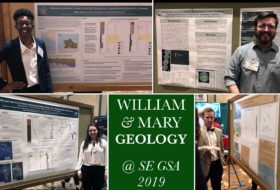 Clockwise from the upper left - Briana Childs, George Denny, a bow-tie clad Ben Landolt and Emily Mushlitz presenting their posters. These were just a few of the William & Mary research posters presented at SE GSA 2019 in Charleston, South Carolina.