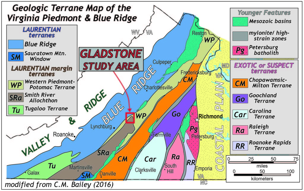 Geologic terrane map of Virginia with the Gladstone study area highlighted.