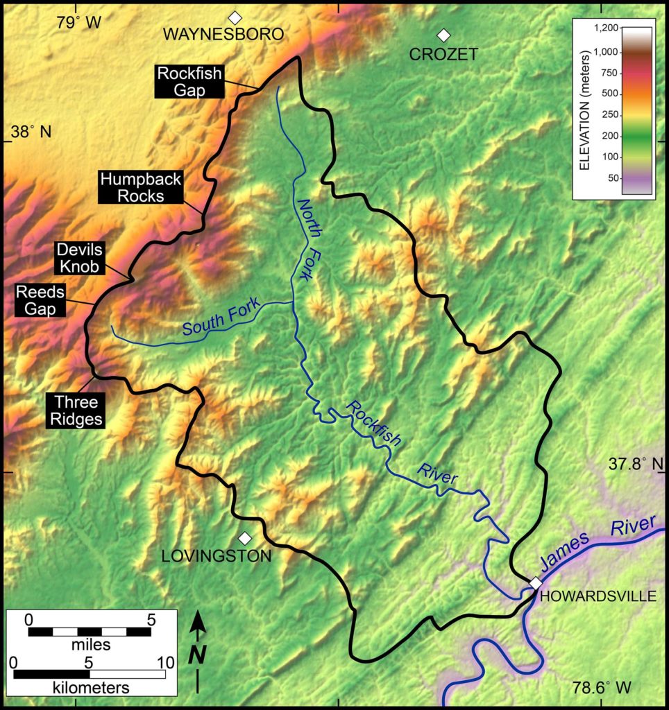 Shaded relief map of the Rockfish River basin, Virginia showing the North Fork and South Fork rivers merging into the Rockfish River which then feeds into the James River