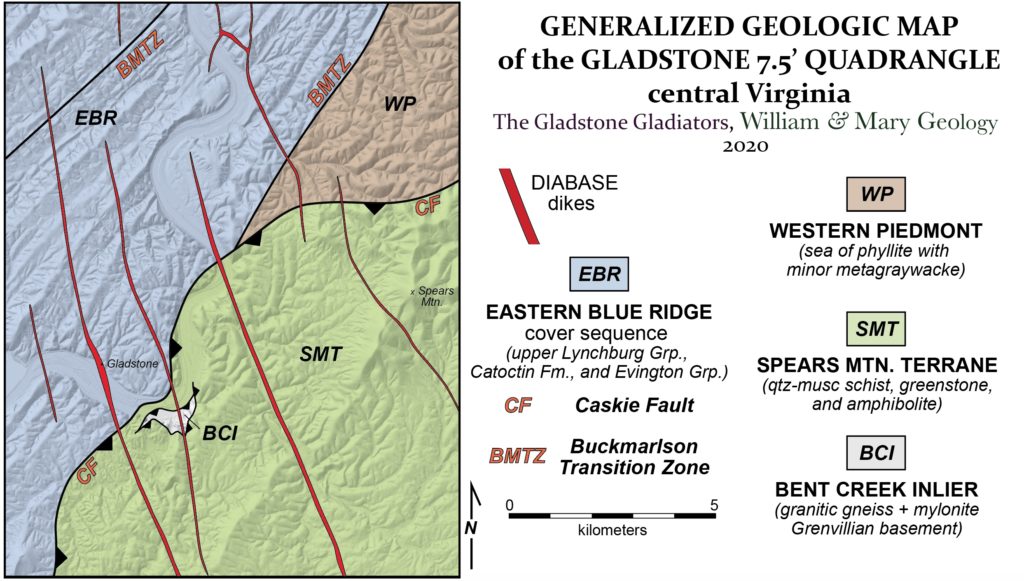 Simplified bedrock geologic map of the Gladstone 7.5' quadrangle, Virginia showing the Eastern Blue Ridge area to the west, the Western piedmont in the north east quadrant, the Spears Mountain Terrane in the south east quadrant, and the Bent Creek Inlier as a small section within the Spears Mountain Terrane near where it borders the Eastern Blue Ridge area.