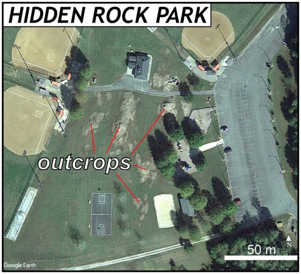 Google Earth image of Hidden Rock, Park Virginia with bedrock outcrops highlighted 