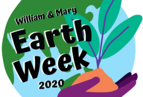 Illustration of the Earth with a hand holding a seedling plant. William & Mary Earth Week 2020