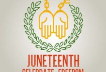 Logo from Cary's First Juneteenth Celebration in 2019. Two hands with broken chains attached with Juneteenth Celebrate Freedom.