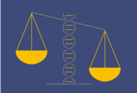 Illustration of a tipping scale, with a strand of DNA as the axis.