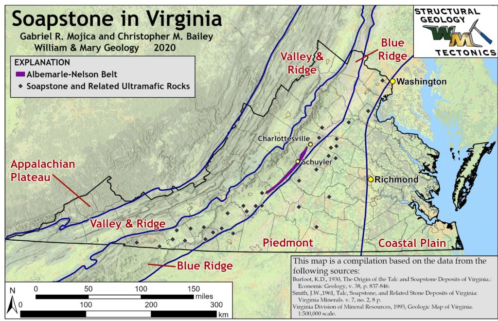 Map of Virginia with the regions labeled, and location of the Albemarle-Nelson Belt in central Virginia and a ribbon of speckles that label soapstone and related ultramafic rocks.