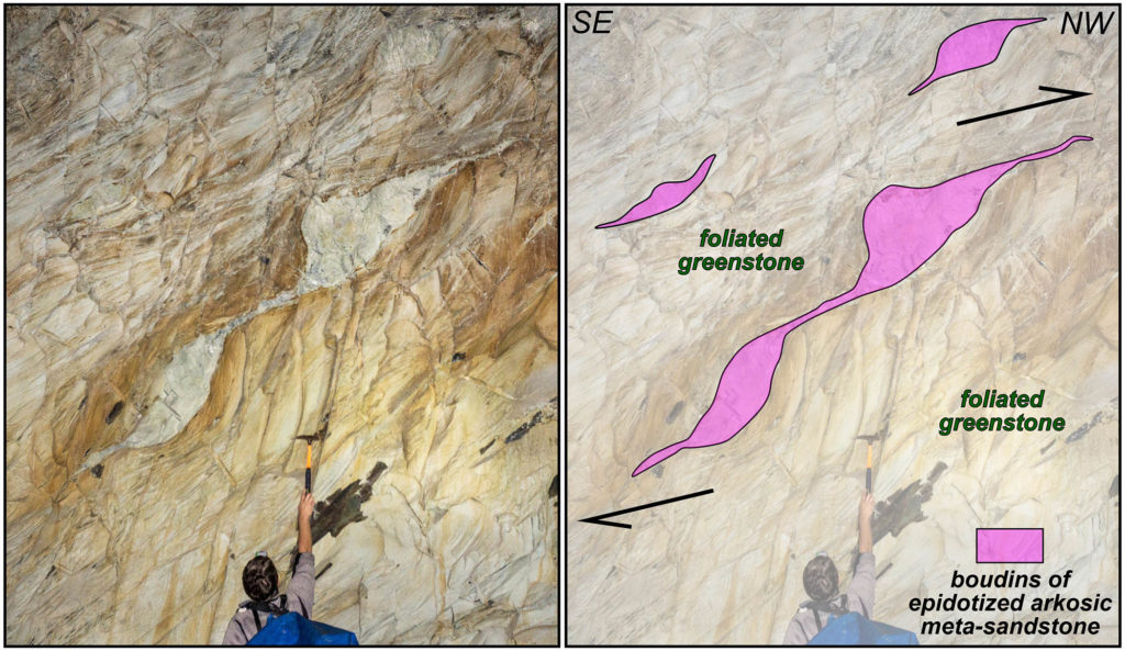 Two version of an image of boudins exposed in the wall of the Blue Ridge Tunnel. One is the original photo with a geologist for scale, and one overlays the image with illustrations to indicate the locations of the boudins and their direction.
