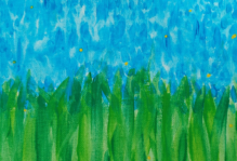 painting of green tall grass in front of blue sky