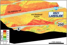 Oblique digital view (to the northeast) of the terrain at the 2021 landslide site, the colors are based on the land slope. The steepest terrain in this image are primarily highway cuts into bedrock.