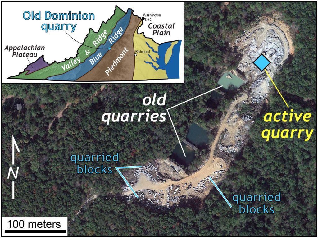 Image inset illustrates the location of the Old Dominion quarry on the line between the Blue Ridge and Piedmont regions in central Virginia.