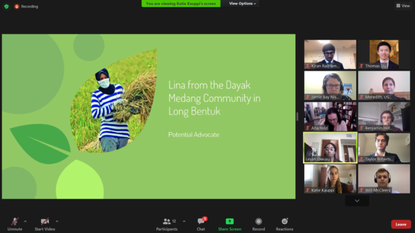 A Zoom screen with 10 faces in the grid, and a slide with "Lina from the Dayak Medang Community in Long Bentuk"