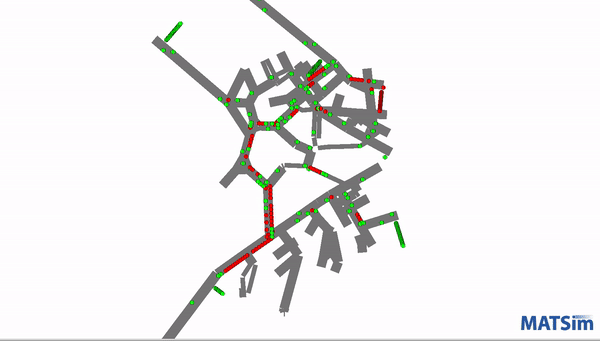 Animation showing green and red dots moving along routes