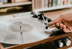A record playing on a record player