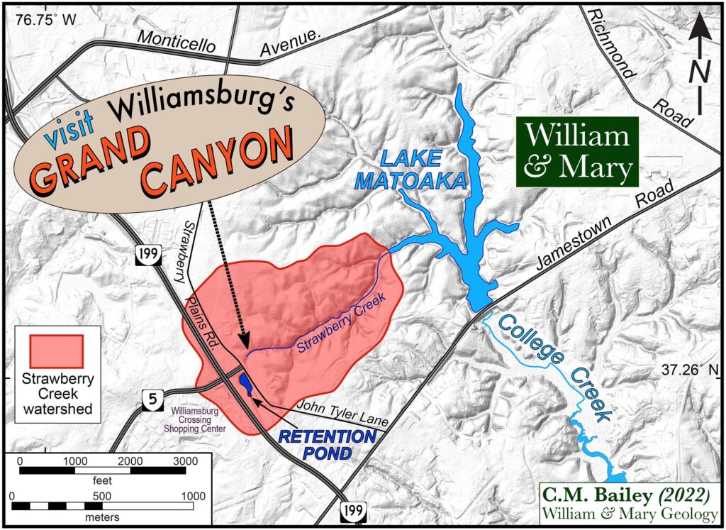 Map illustrating Lake Matoaka and most of the Strawberry Creek watershed within the boundaries of Rt 199, Jamestown Rd, Richmond Rd and Monticello Ave.