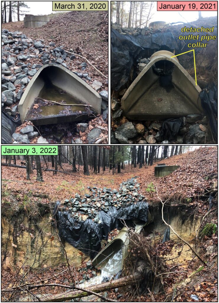 Three photos of a concrete outlet pipe near a wooded area.