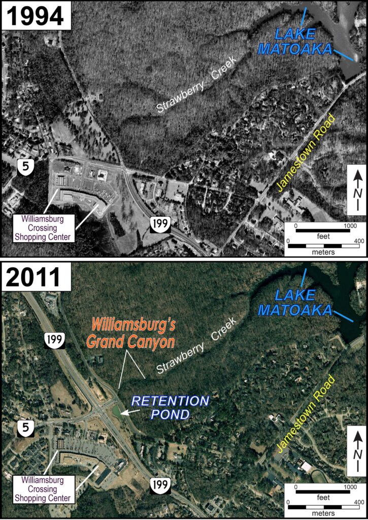 Two aerial photos of the same land, illustrating the location of the retention pond between Williamsburg Crossing Shopping Center and Strawberry Creek