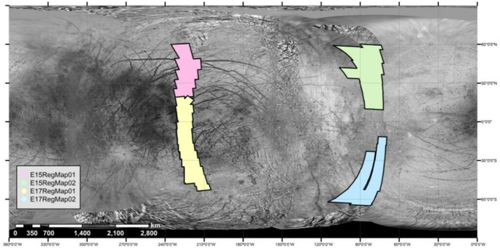 Map of Europa displaying four overlays highlighting the research areas