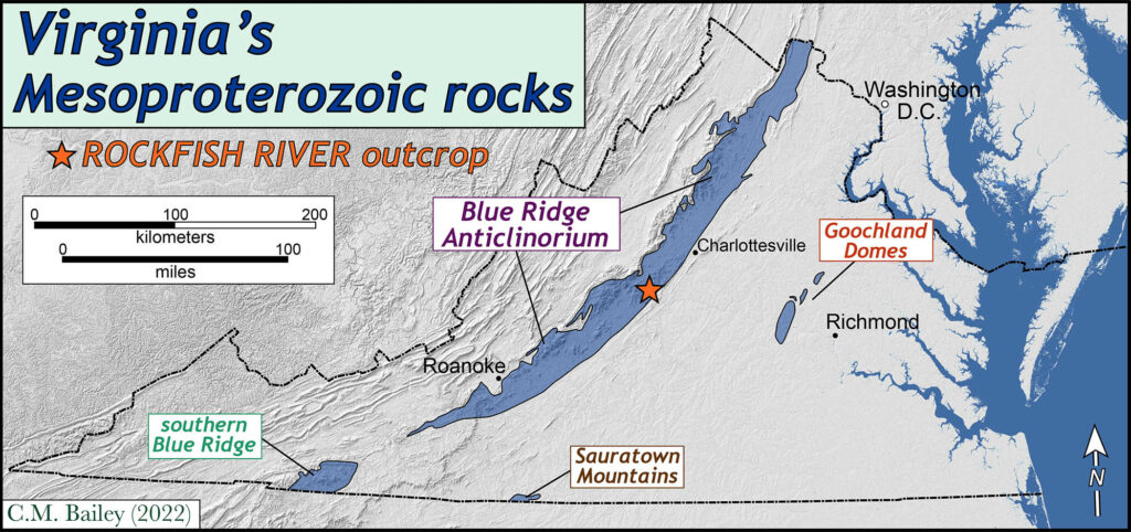 map of Virginia showing areas of Mesoproterozoic bedrock