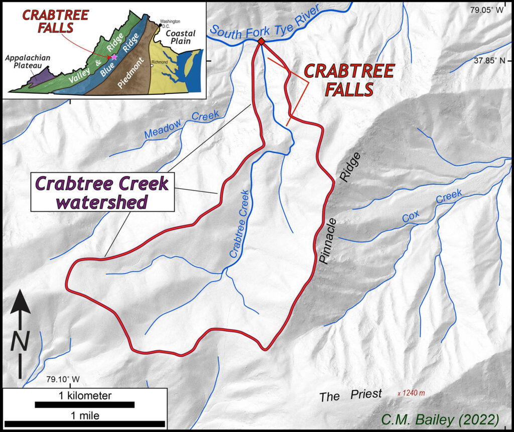Overview map of Crabtree Falls, VA indicating their location in the Blue Ridge region of central Virginia