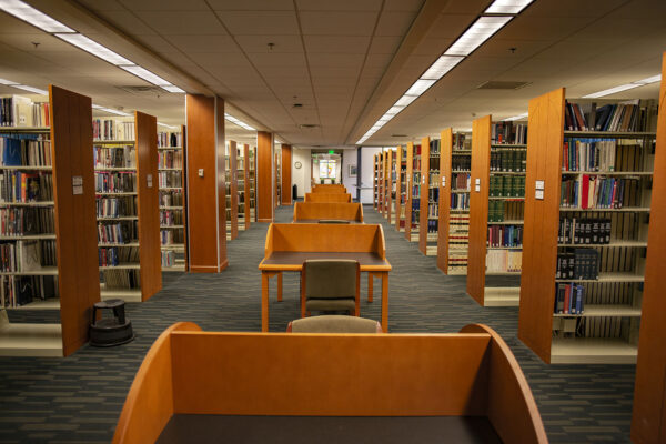 Desks and bookshelves at the Wolf Law Library