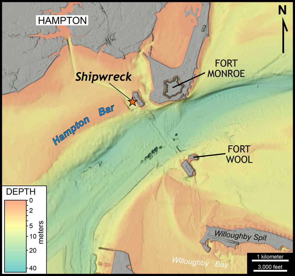 Bathymetric map of the shipwreck site in Hampton Roads