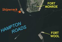 Imagery of Hampton Roads and the shipwreck site showing the shipwreck just west of Fort Monroe and northwest of Fort Wool