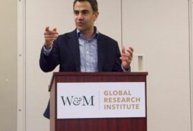 Stephen Wertheim at a W&M Global Research Institute podium