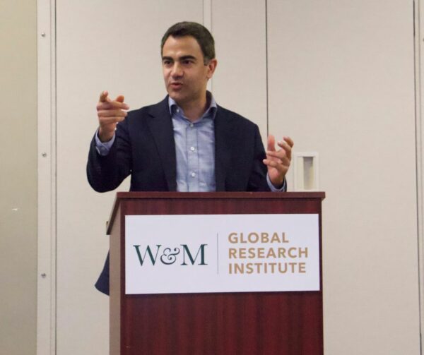 Stephen Wertheim mid-talk at a W&M Global Research Institute podium
