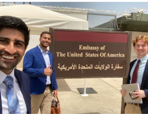 2022 Summer Fellows Ian DeHaven (right) and Salah-Dean Satouri traveled with GRI Affiliate Sharan Grewal (left) to Tunisia, where they assessed democratic backsliding and attitudes toward Kais Saied.
