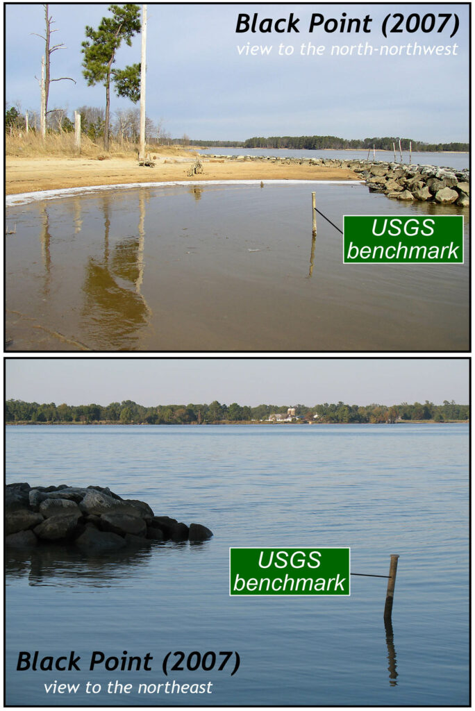 View from Black Point showing the USGS benchmark rod out in the water of the river