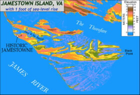 Colorful map of Jamestown Island showing most of the island as submerged land
