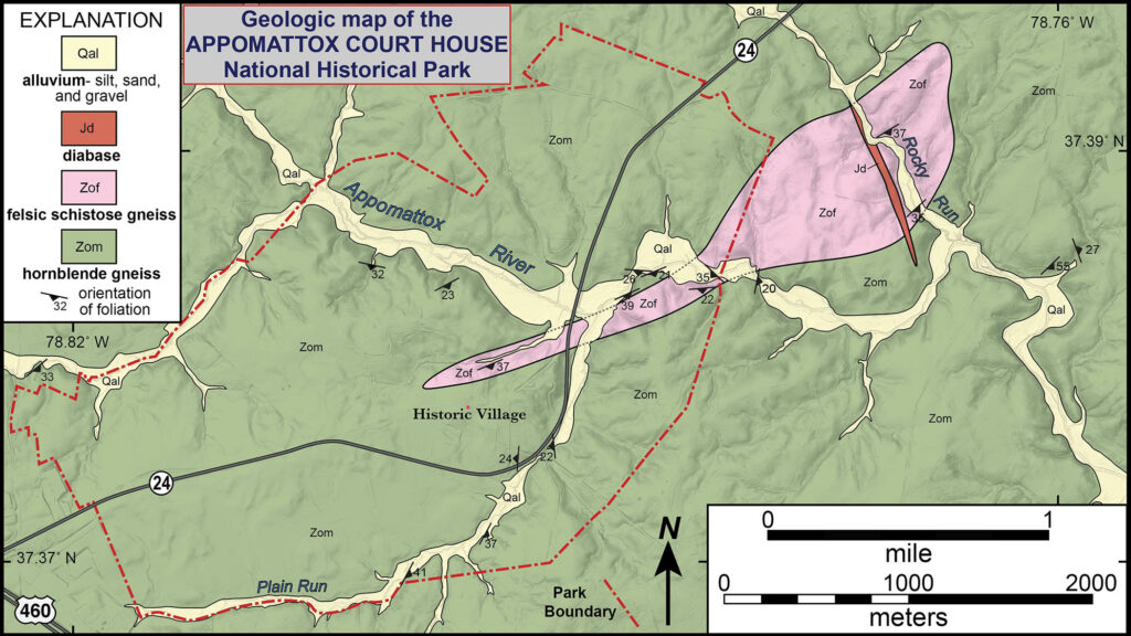 Geolog map of the Appomattox Court House park indicating alluvium, diabase, felsic schistose gneiss, hornblende gneiss and the orientation of foliation