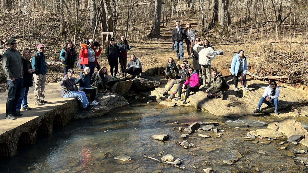 W&M geology students on an outcrop along the Appomattox River