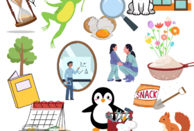 a graphic of some of the images in students' similes - hour glass, frog holding a flower, magnifying glass, cracked egg, puppy, tree in a book, mirror, parent talking to a child, rice in a colander, penguin, charcuterie, squirrel on a toy train