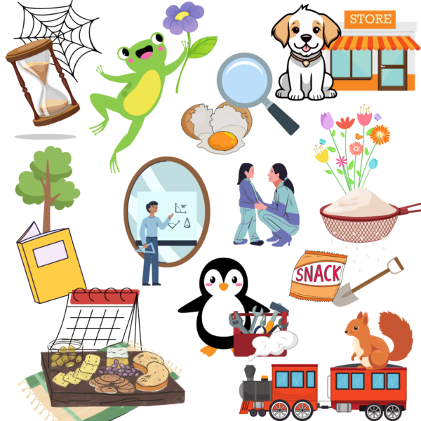 a graphic of some of the images in students' similes - hour glass, frog holding a flower, magnifying glass, cracked egg, puppy, tree in a book, mirror, parent talking to a child, rice in a colander, penguin, charcuterie, squirrel on a toy train